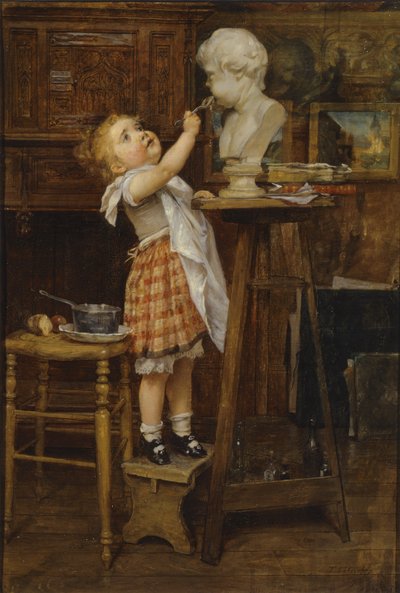 Giovane ragazza che nutre una statua da Timoleon Marie Lobrichon